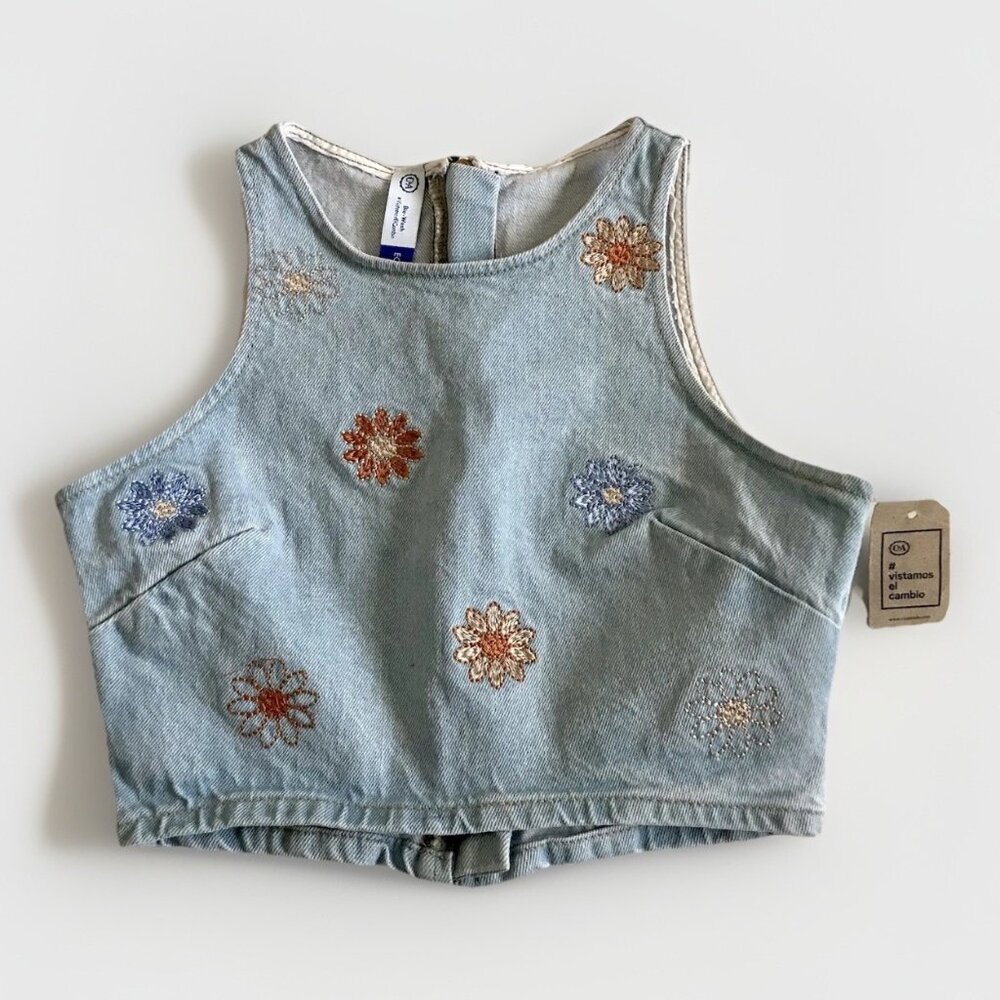 C&A Moda Denim Floral Embroidered Sleeveless Cropped Top‎ Size Small